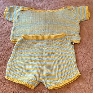 Oeuf knit set. Yellow and sky blue stripes. 100% cotton. Size 6-12 months.